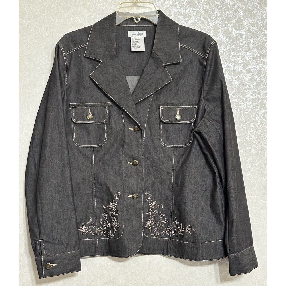 City Blues by Koret Denim Jacket Embroidered Floral Details Gray Dark Wash Sz 14
